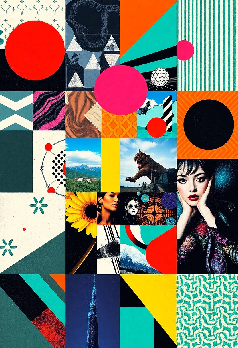 Dynamic collage of bold geometric patterns and vibrant visuals creating a surreal, modernist aesthetic