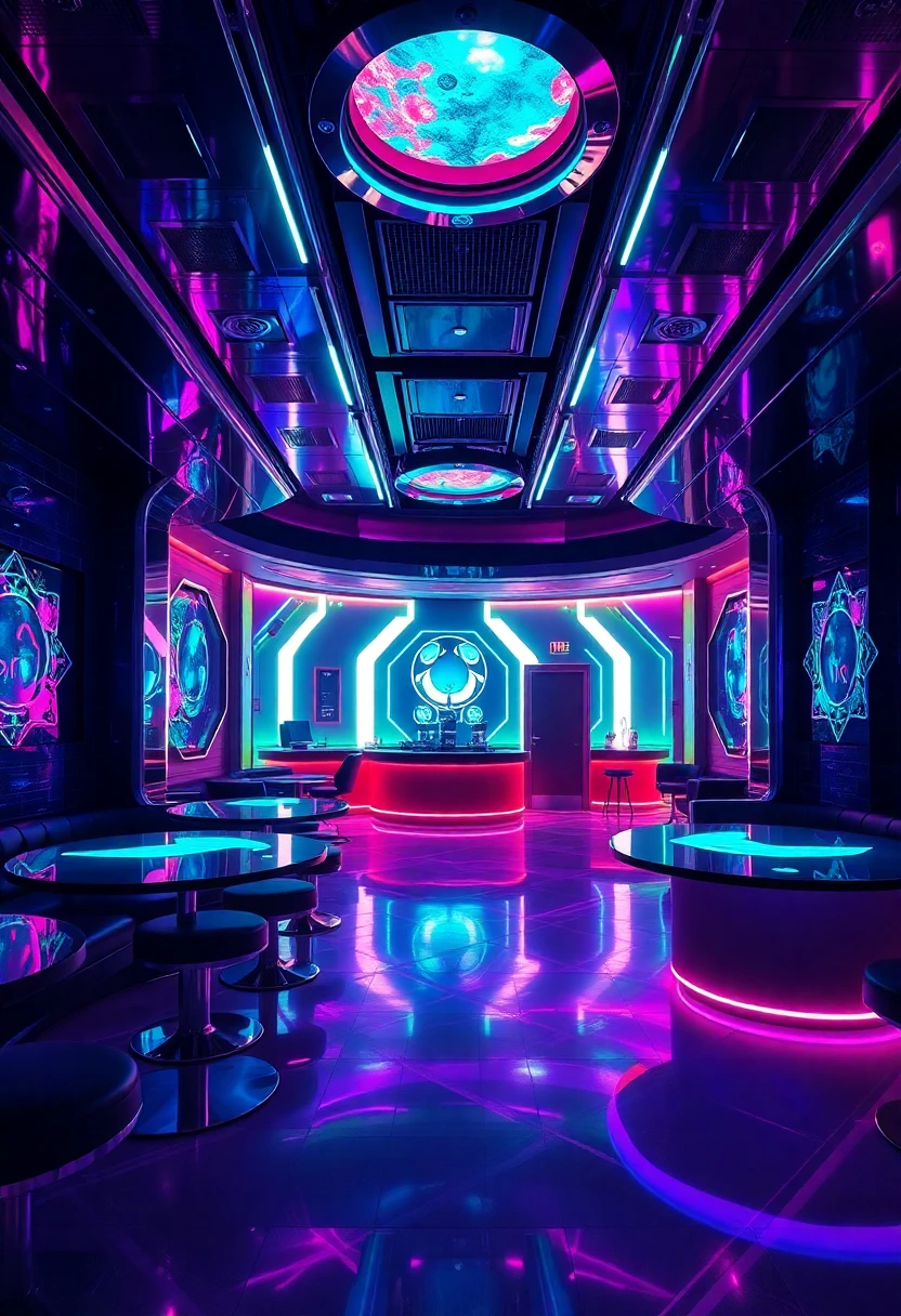 Futuristic photograph of a phosphorescent club in Kiev with glowing interiors and high-tech holograms in a vibrant cyberpunk aesthetic