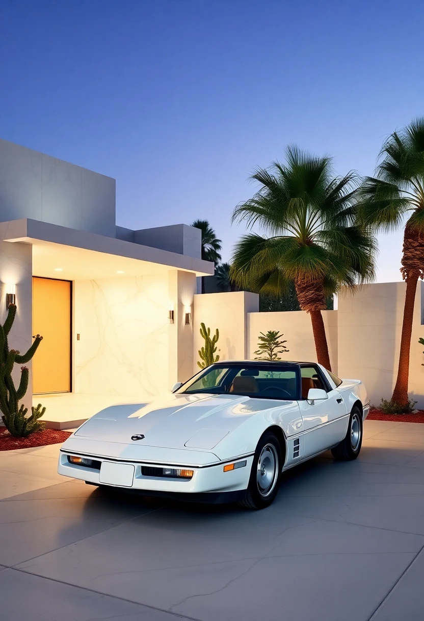 Photorealistic depiction of a 1980s luxury home in Palm Springs with a white marble color palette, hidden lighting, and a Corvette parked in the driveway