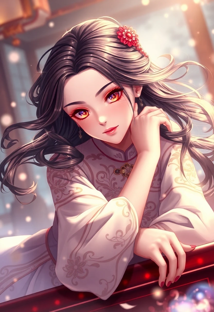 Elegant woman in a qipao with glowing highlights, rendered in a magical fantasy style