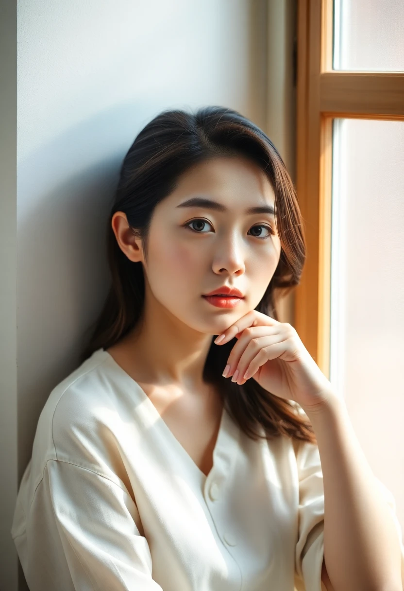 Photorealistic portrait of a contemplative Korean woman in soft natural light seated by a window, with delicate details emphasizing her serene presence