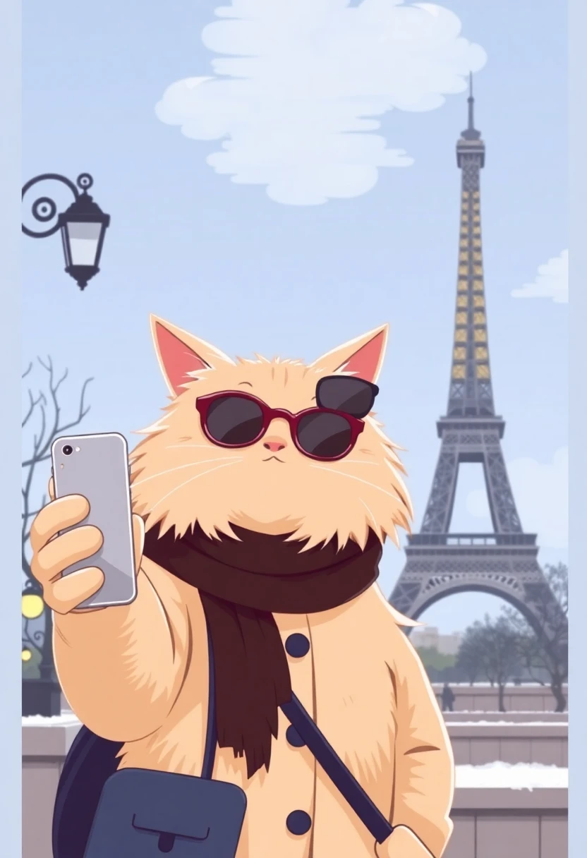 Playful cartoon-style illustration of a beige long-haired cat taking a selfie in Paris with winter clothes, sunglasses, and the Eiffel Tower in the background