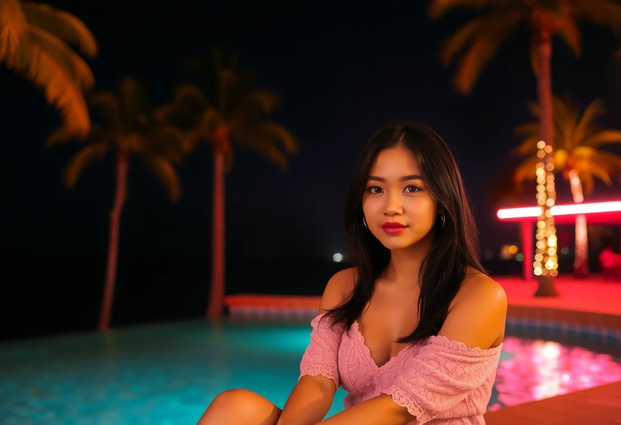 Serene nighttime portrait of an Asian woman seated against a backdrop of the sea and palm trees under 80s-style neon lighting