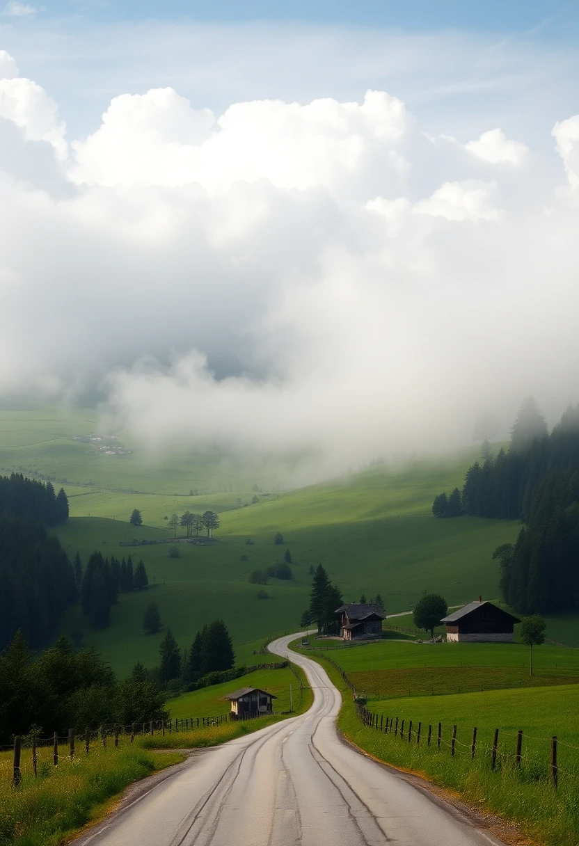 Serene photorealistic image of green Swiss hills with clouds rolling in, a road leading to farmhouses, and natural lighting highlighting the foggy atmosphere