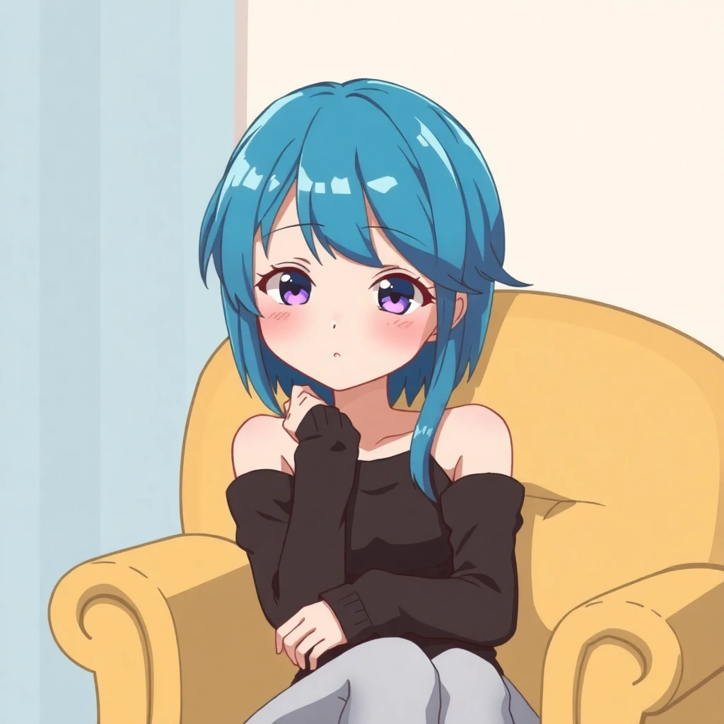 Anime-style illustration of a young woman with blue hair sitting in a cozy armchair