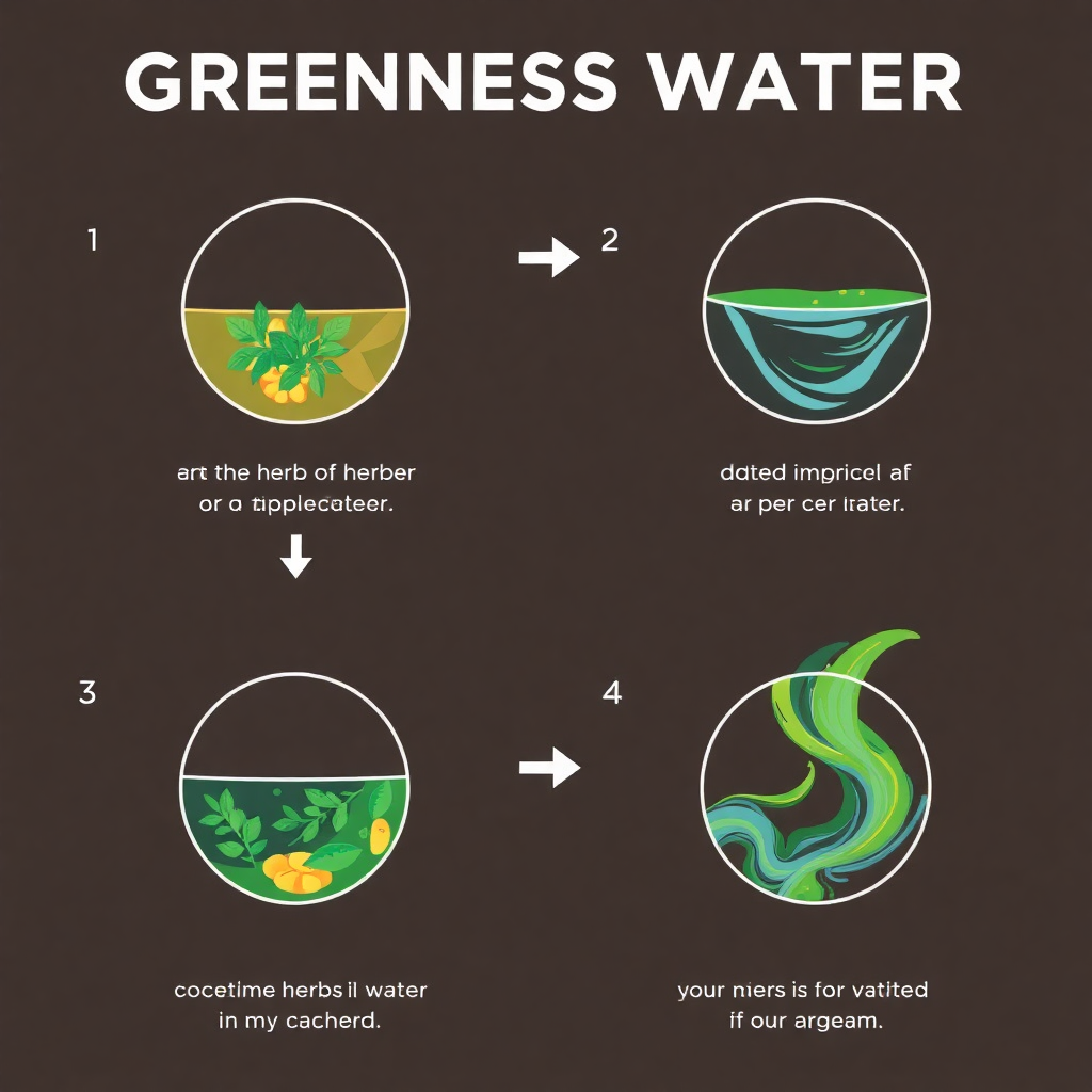 Abstract illustration of the 'Greenness Water' process featuring vibrant geometric forms and fluid patterns symbolizing the mixture of herbs and water