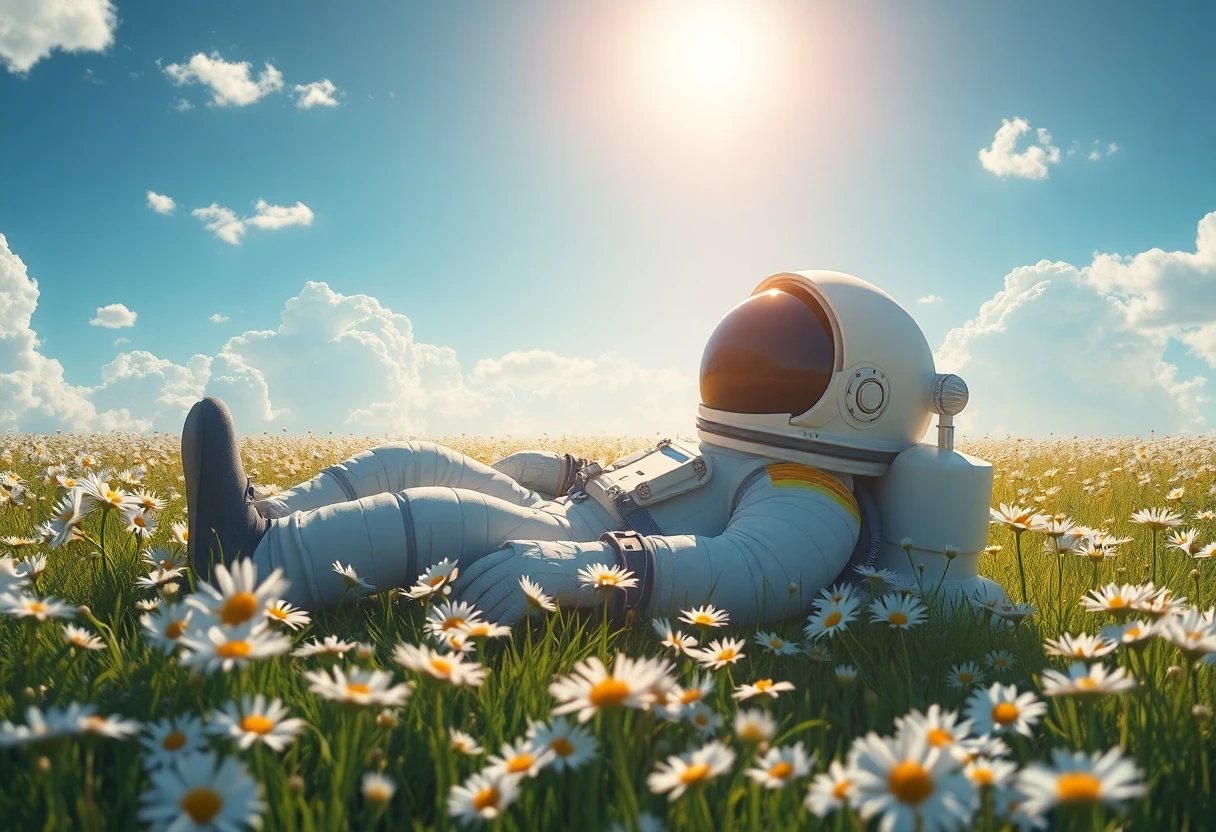 Surreal illustration of an astronaut lying in a tranquil field of daisies, surrounded by soft sunlight, dreamy clouds, and cinematic lighting