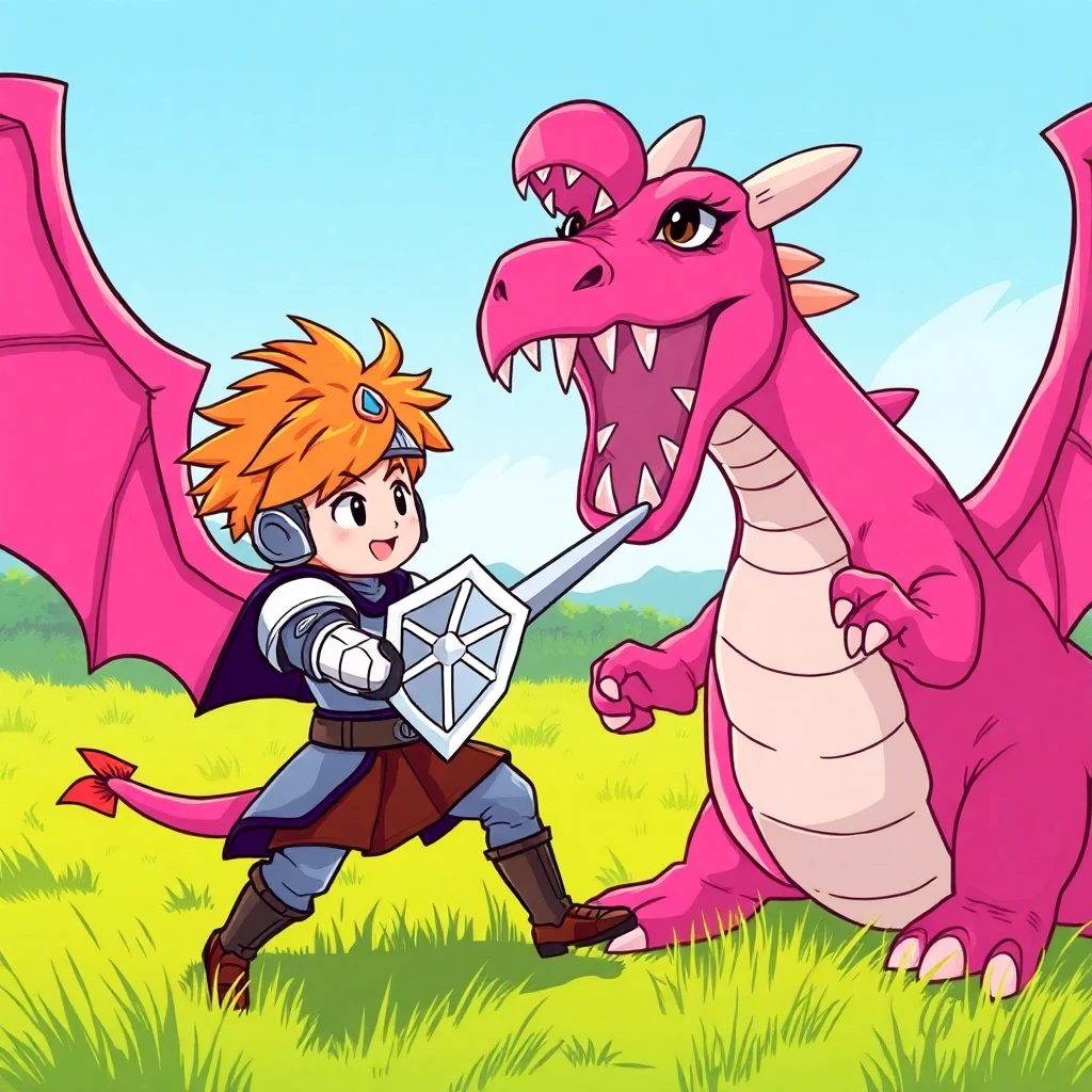 Anime-style illustration of a knight battling a pink dragon in a grassy field