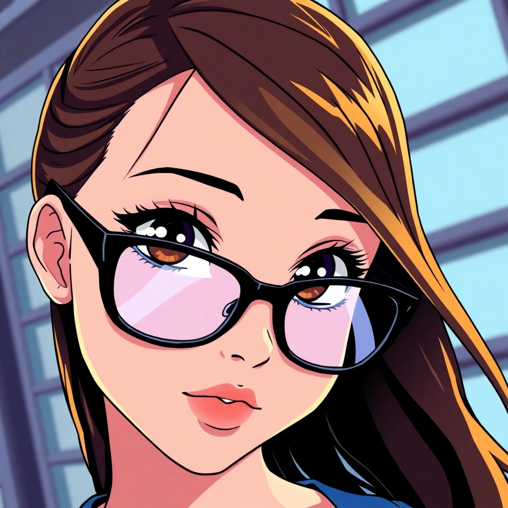 Anime-style portrait of a girl with black glasses, vibrant eyes, and cel-shaded details