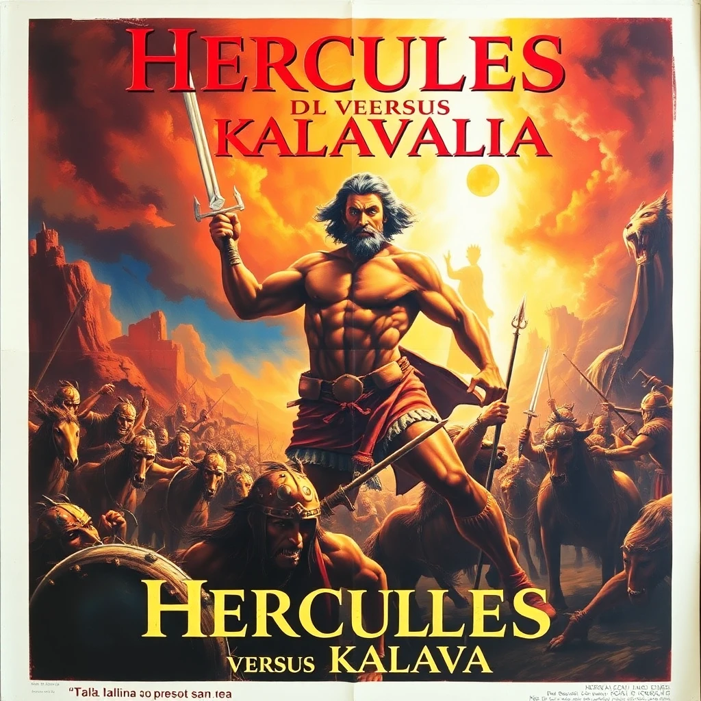 Vintage movie poster for Hercules versus Kalevala with dramatic lighting and textured brushwork