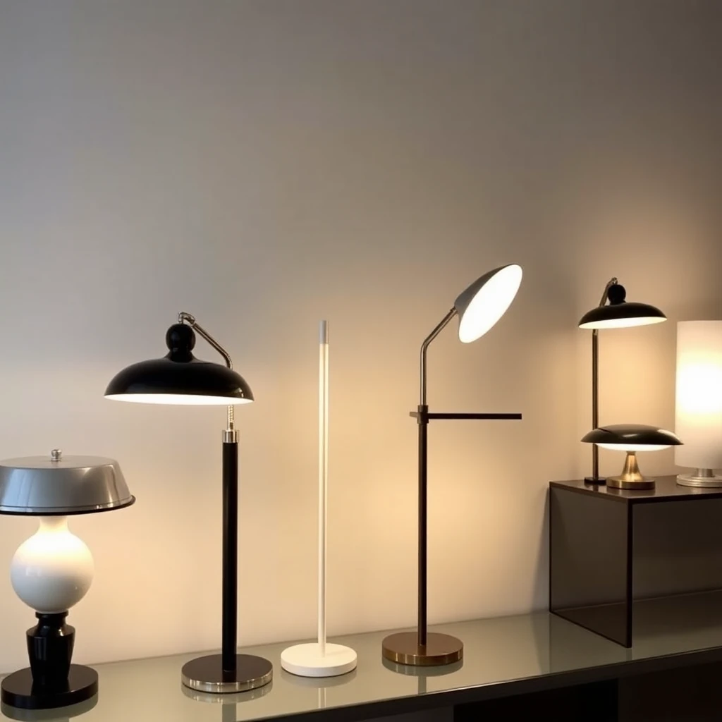 Postmodern lamps from the 1980s and 1990s showcasing sleek, futuristic design with chrome, black wood, white powder coating, and bronze finishes