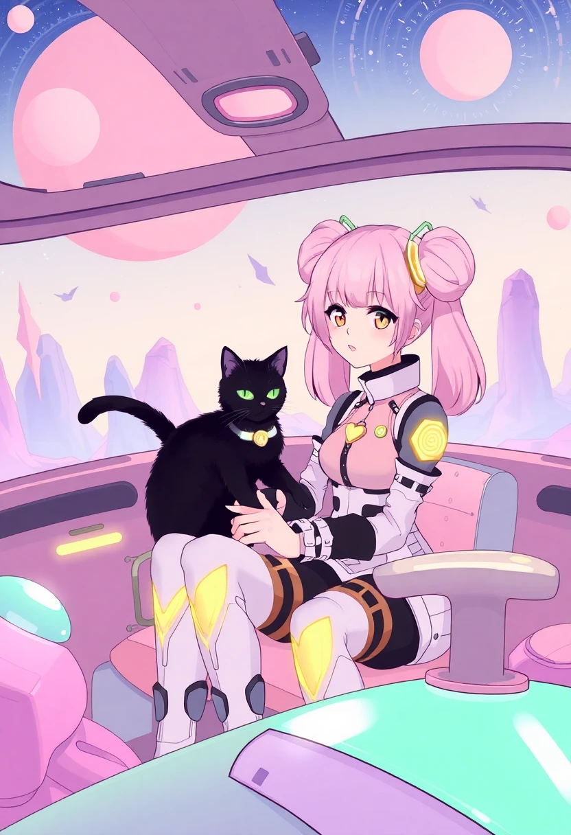 Whimsical anime-style illustration of a girl with twin tails and her black cat in a retro-futuristic vehicle