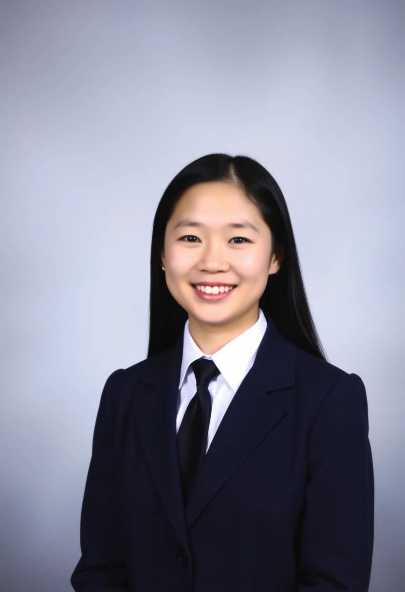 School yearbook portrait of a Chinese girl in a navy blazer and tie, smiling warmly against a gradient gray backdrop