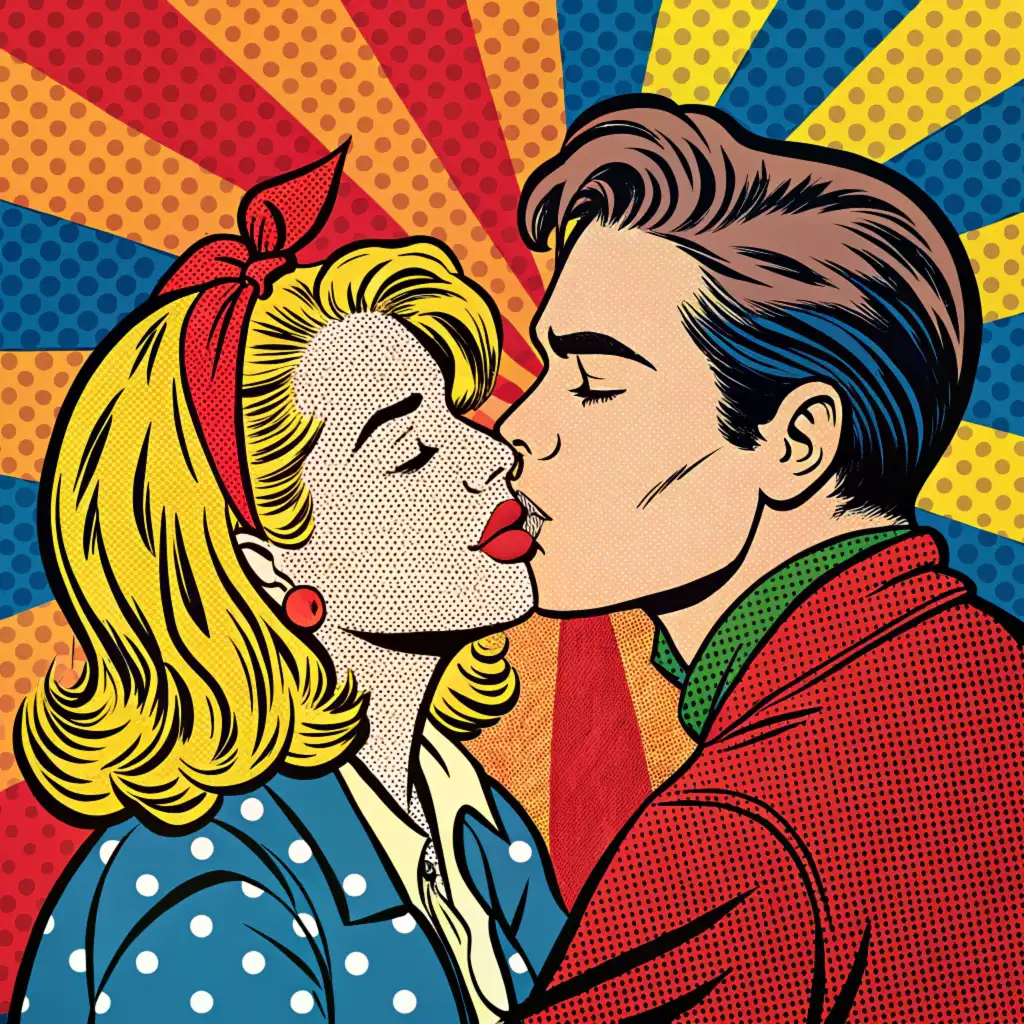 Comic-style kiss scene with bold colors and patterns in Warhol-inspired design