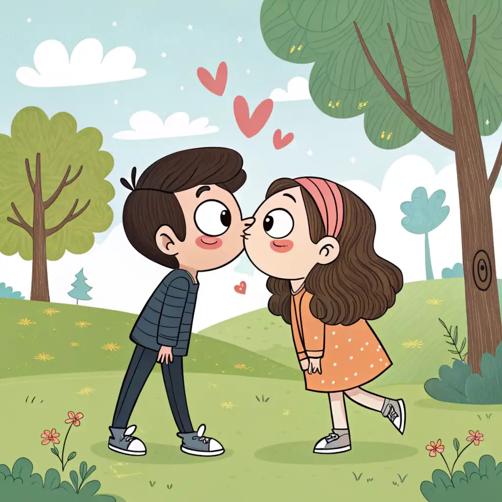 Playful first kiss between young couple in sunlit park with simplified cartoon styling