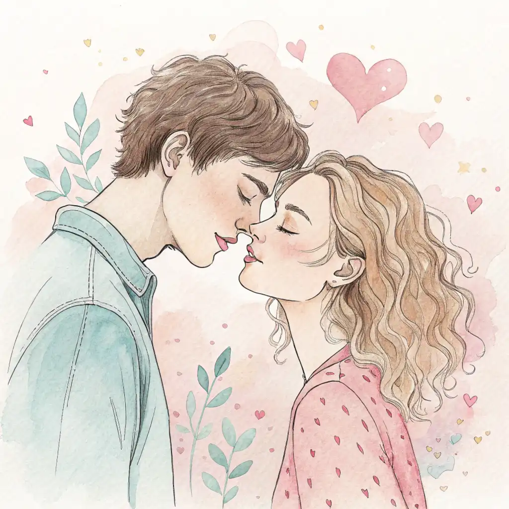 Tender kiss captured in soft watercolor strokes with flowing pastel hues