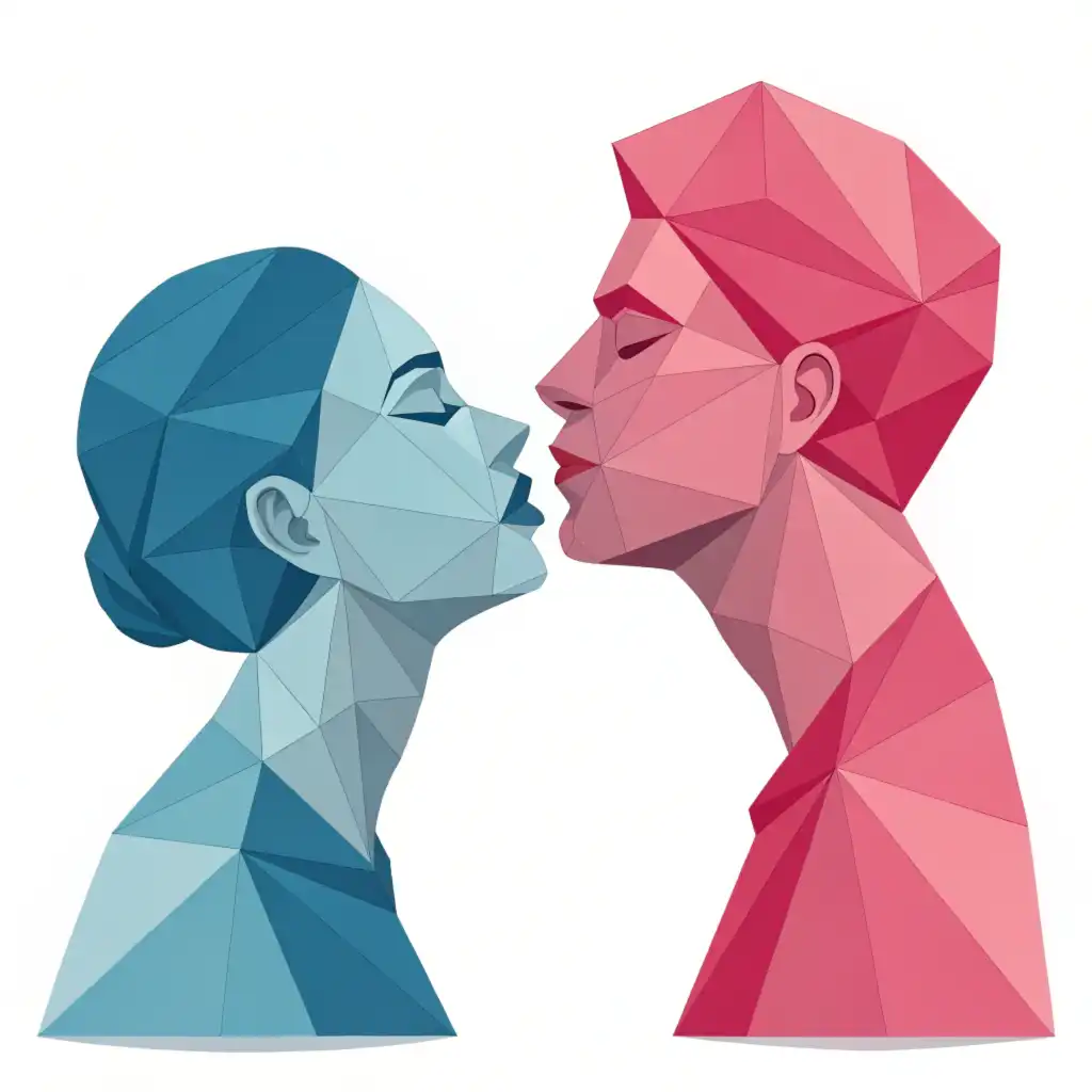 Minimalist geometric lovers kiss composed of vibrant colored polygons