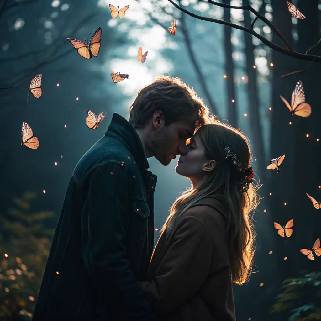 Realistic kiss scene with magical butterfly emergence and mysterious atmosphere