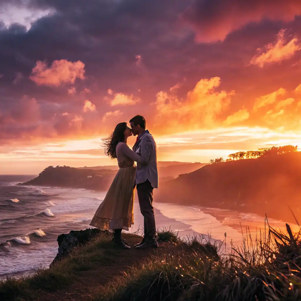 Passionate sunset kiss on ocean cliff with dramatic sky and sweeping vista