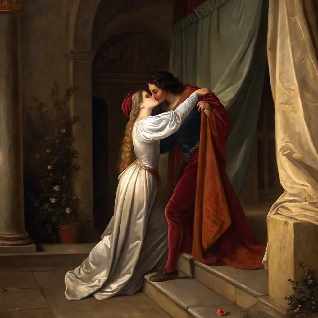 Renaissance lovers kiss with dramatic lighting and rich fabric textures on canvas