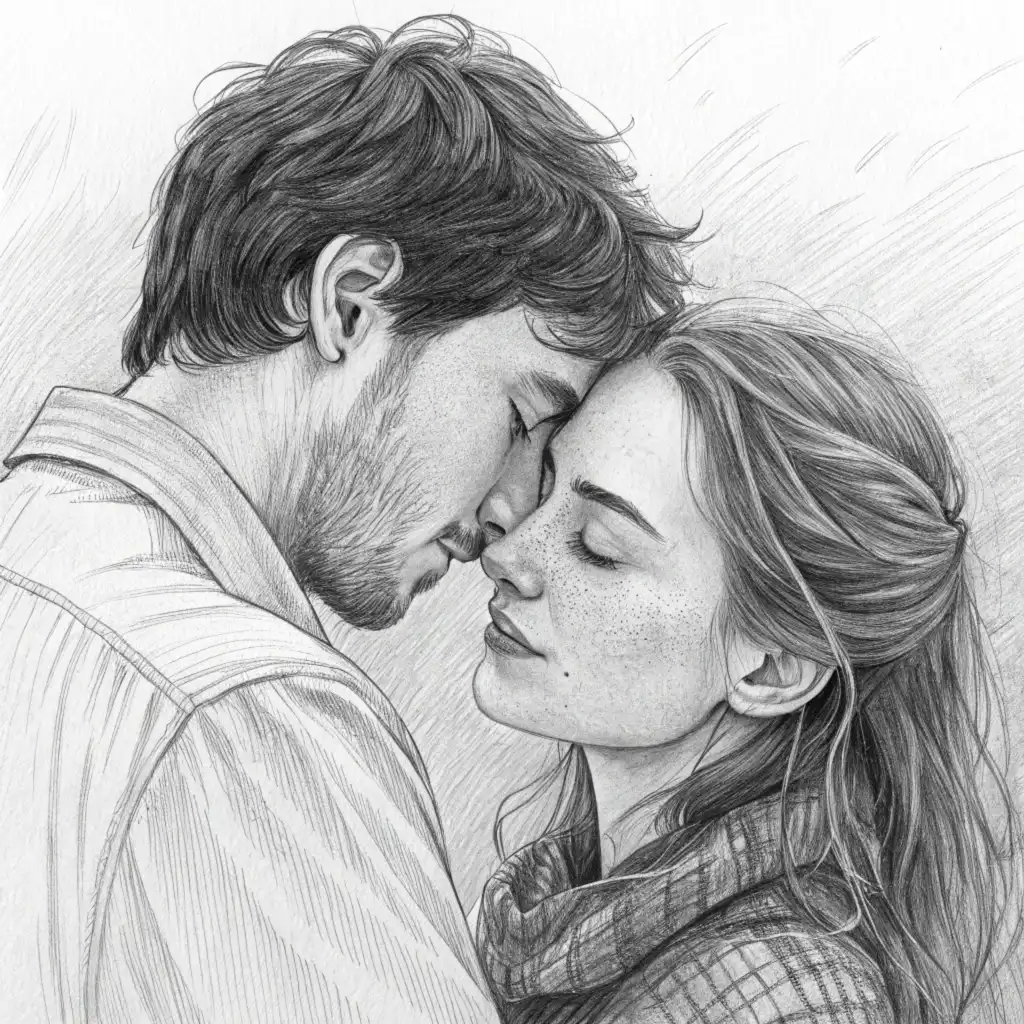 Detailed monochromatic pencil drawing of tender kiss with refined shading