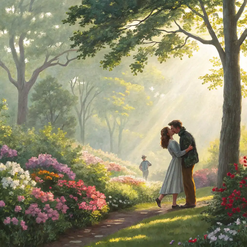 Sun-dappled garden kiss scene with impressionist brushstrokes and light effects