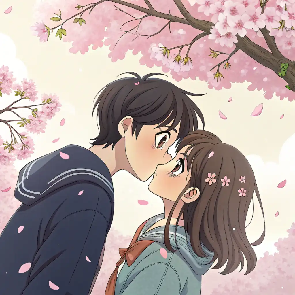 Young lovers kissing beneath falling cherry blossoms in manga style with vibrant colors