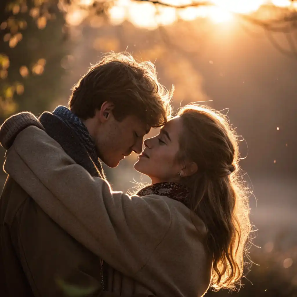 Intimate couple kiss illuminated by warm ambient lighting in modern urban setting