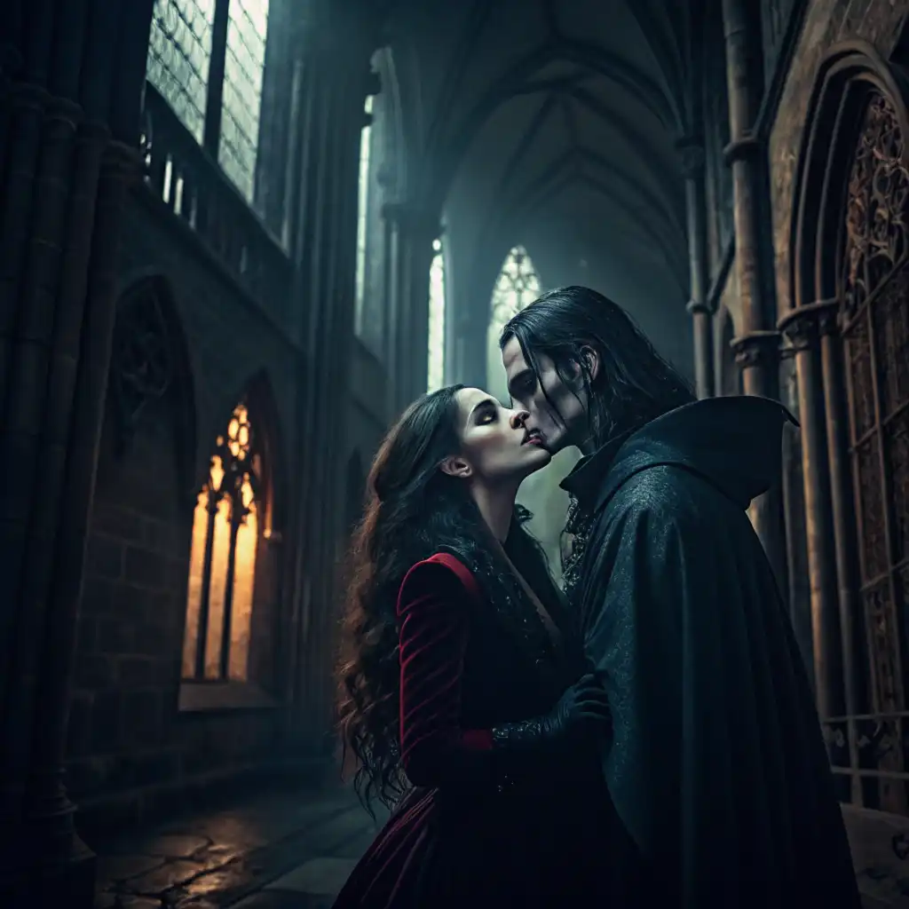 Vampire lovers passionate embrace in shadowy medieval castle with gothic architecture