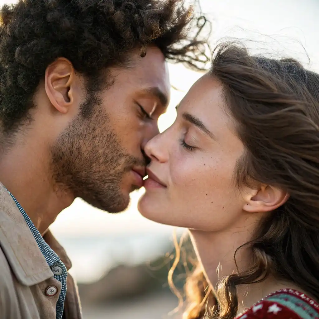 Close-up portrait of passionate kiss capturing natural skin textures and emotions