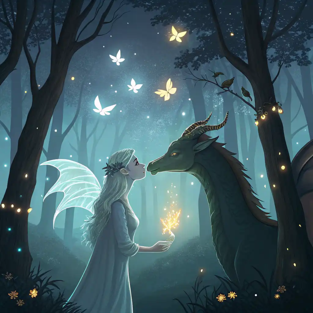 Ethereal beings sharing magical kiss in enchanted forest surrounded by glowing creatures