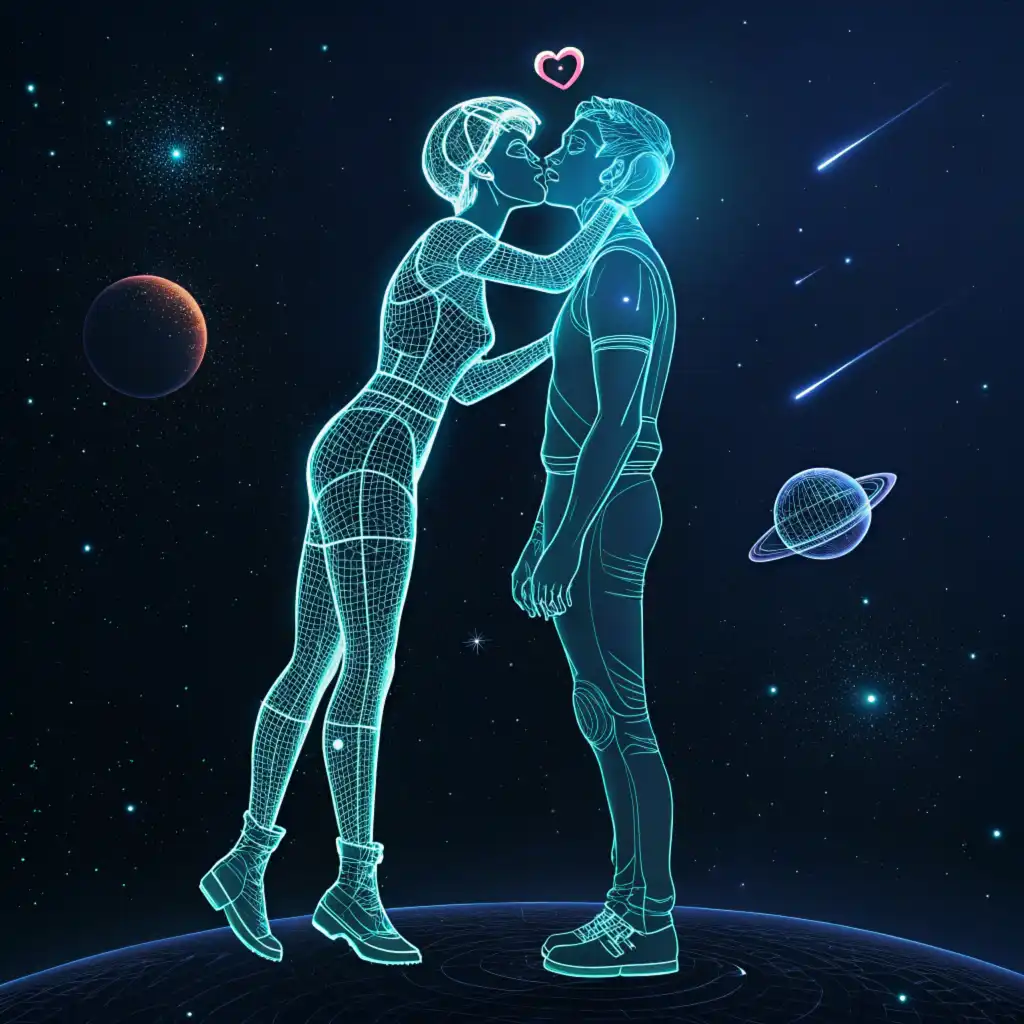 Zero-gravity holographic kiss with sleek minimalist design and glowing tech elements