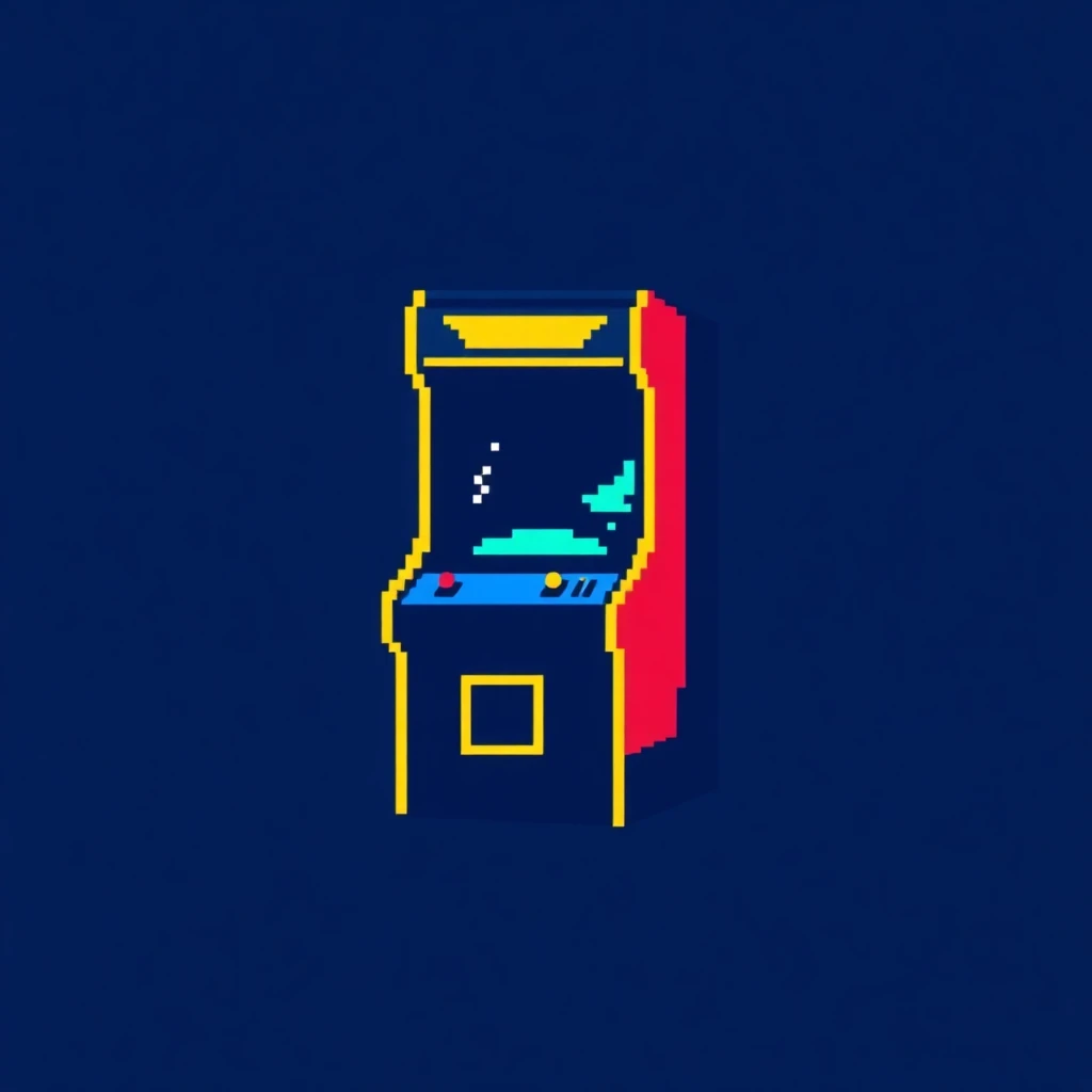 Nostalgic gaming arcade logo designed in classic pixel art style featuring a retro arcade machine silhouette