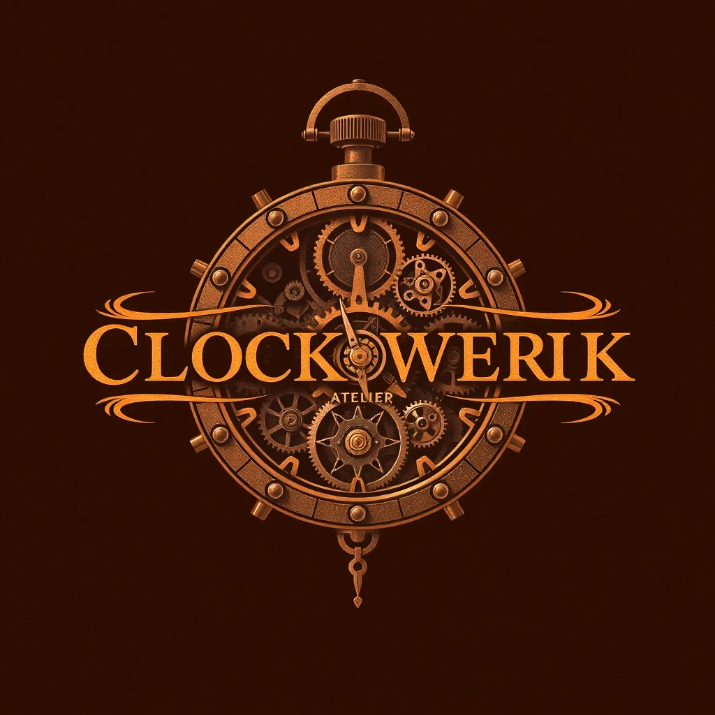 Victorian-era inspired watchmaking studio logo with intricate copper gears, antique clock hands and ornate metalwork details