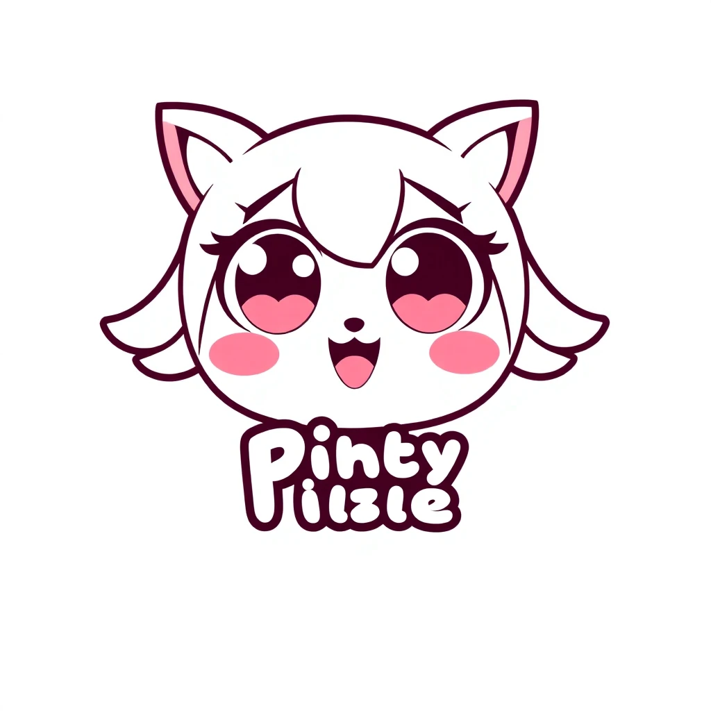 Cute anime-style logo design featuring pink color scheme with big-eyed cartoon character and playful typography