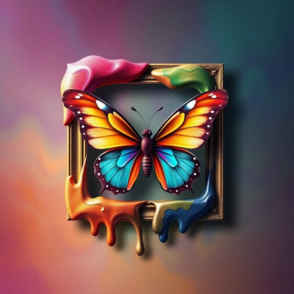 Surrealist art gallery logo featuring a morphing picture frame transforming into a butterfly with dream-like color transitions