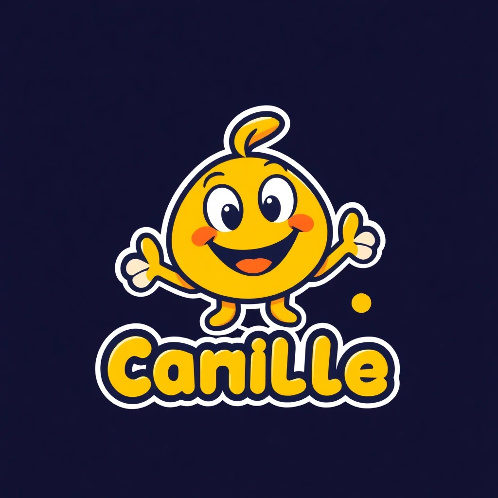 Fun cartoon mascot logo with bright yellow and orange tones, featuring smiling character design