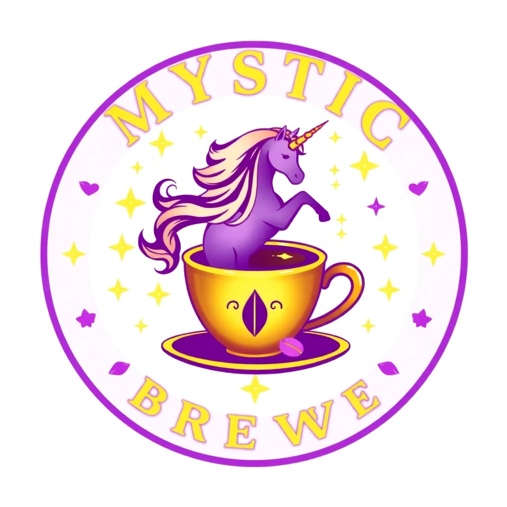 Magical coffee shop logo featuring a mystical purple and gold unicorn wrapped around a steaming coffee cup with constellation accents