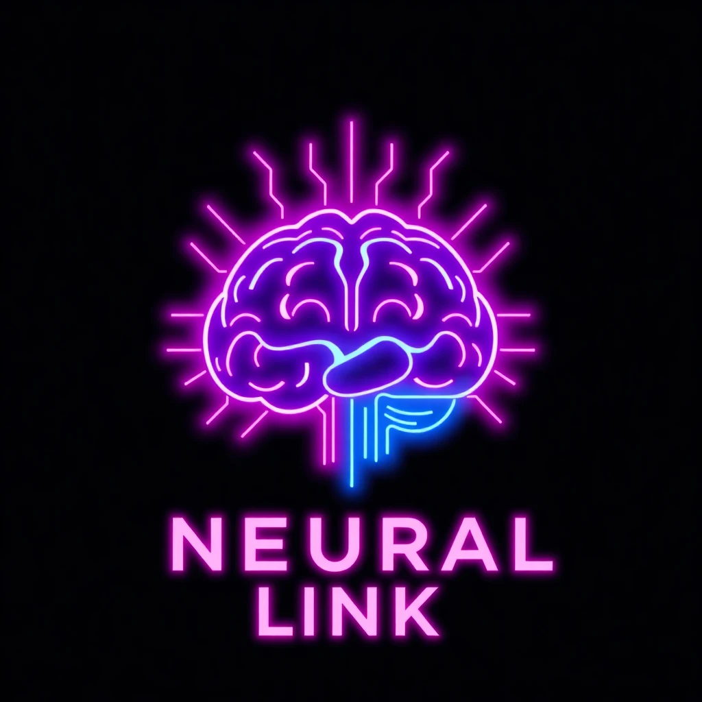 Futuristic tech company logo with neon pink and blue neural network patterns forming a stylized digital brain with glitch effects