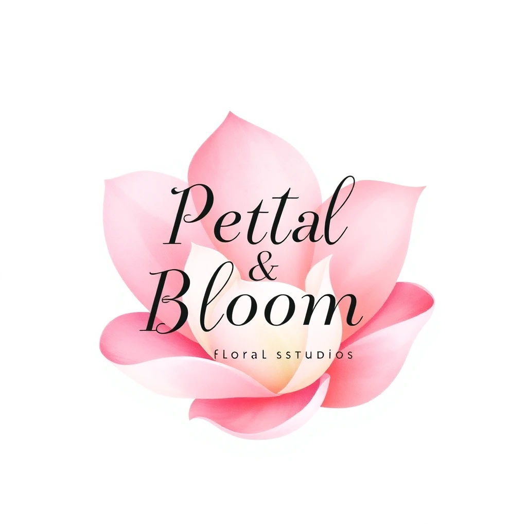 Elegant floral studio logo with soft watercolor flowers in delicate pink and green hues with artistic blending effects