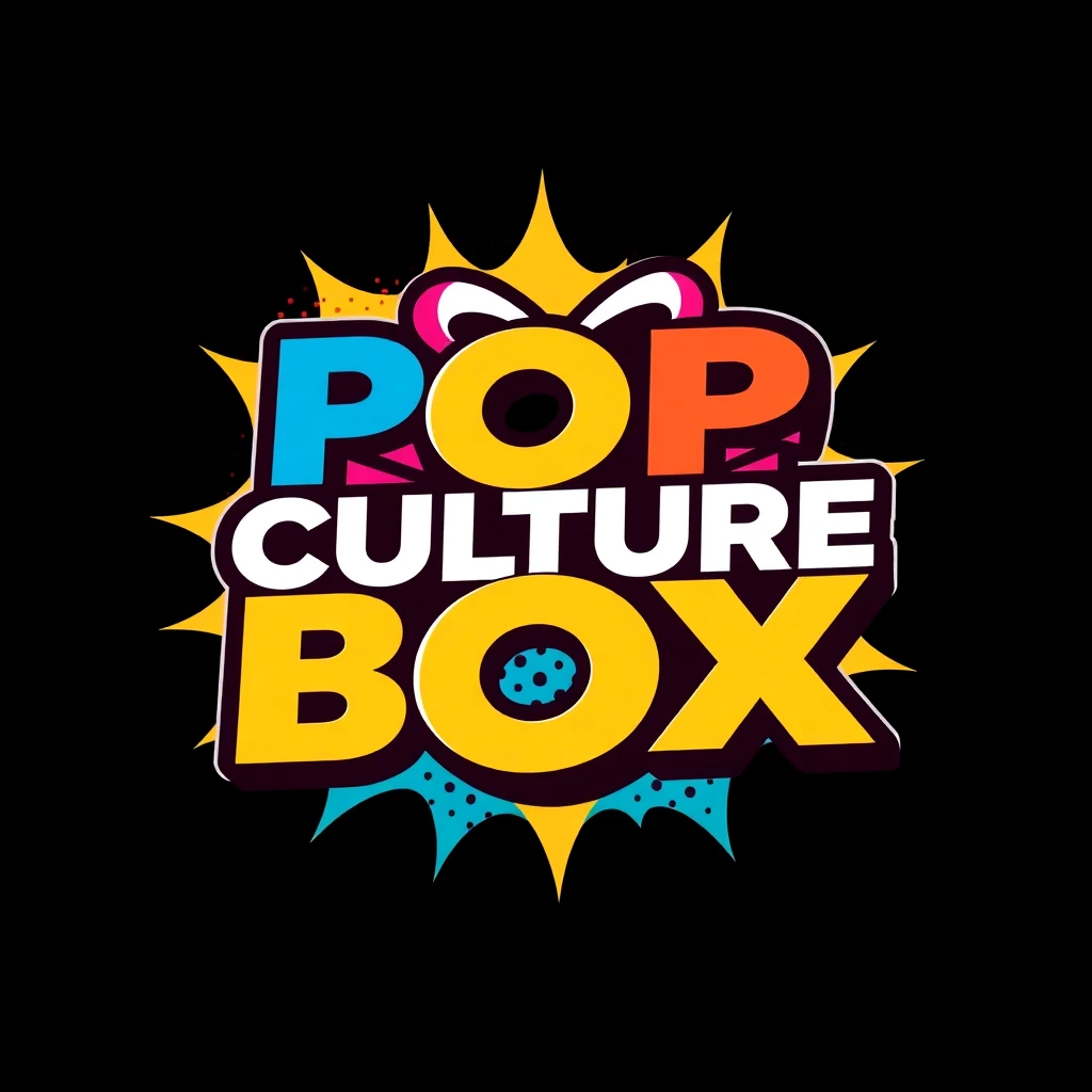 Vibrant pop art style store logo with bold colors and comic patterns featuring a stylized pop-up gift box