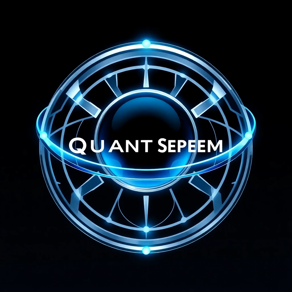 High-tech company logo with metallic silver-blue spheres and orbital paths representing quantum technology
