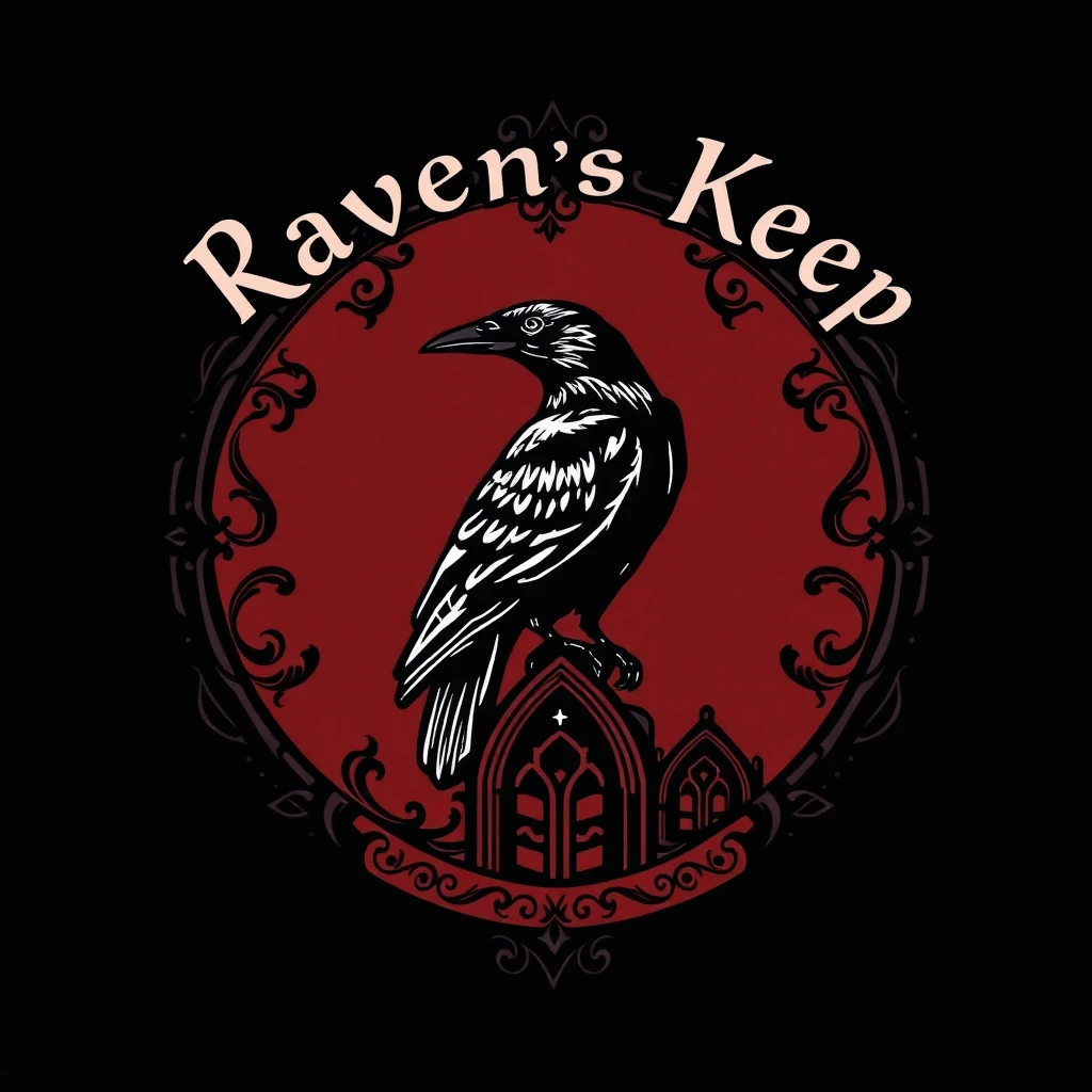 Gothic bookstore logo featuring a mysterious black raven perched on ornate architectural elements with deep red accents