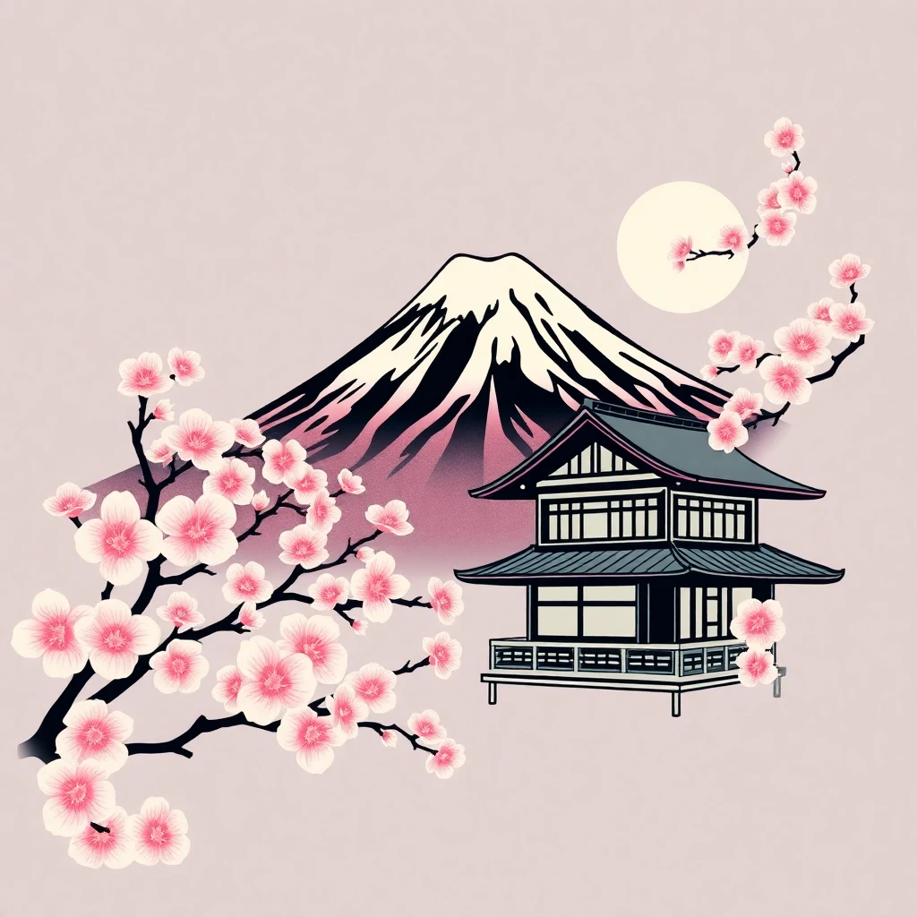 Traditional Japanese tea house logo in ukiyo-e style featuring Mount Fuji and cherry blossoms