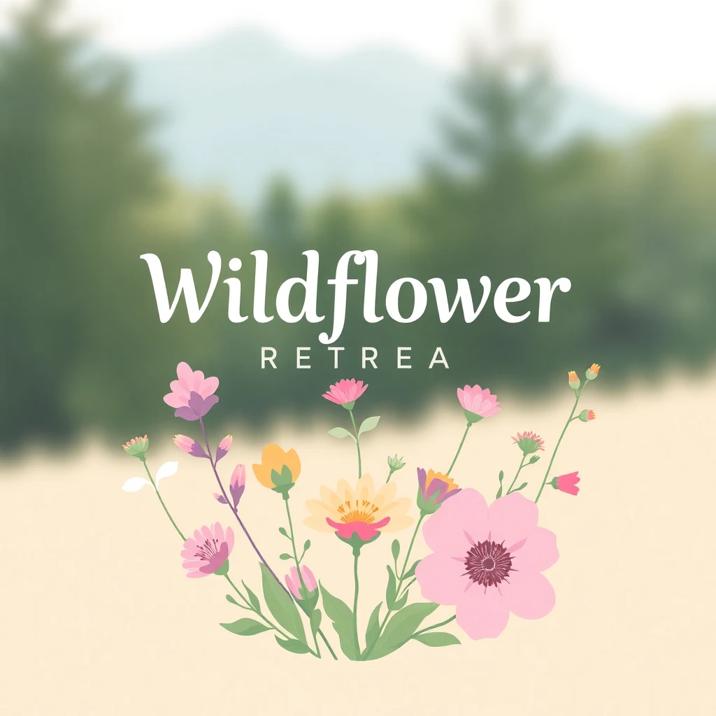 Eco-resort logo with soft pastel wildflowers and natural elements creating a romantic, peaceful atmosphere